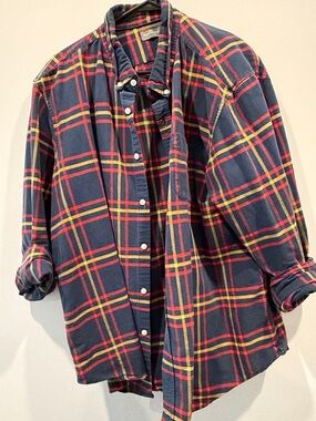 L.L. Bean Navy Plaid Button-Down Shirt with Red & Yellow Stripes